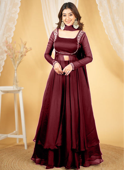 Silk Wine Party Wear Embroidery Work Readymade Western Suit 386901
