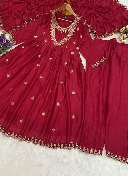 Vichitra Silk Maroon Festival Wear Sequins Work Readymade Anarkali Suit 386903