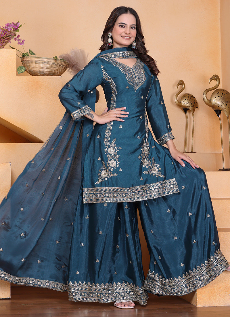 Chinon Teal Blue Wedding Wear Embroidery Work Readymade Plazzo Suit 387668