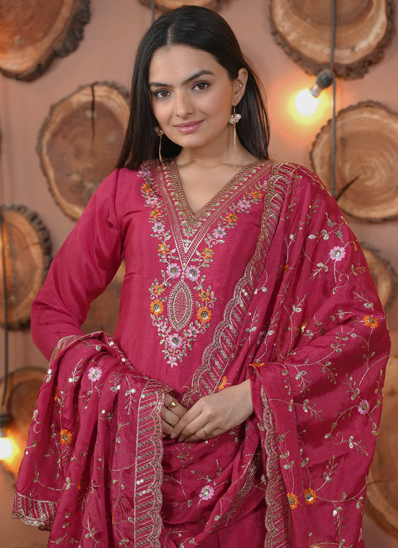 Chinon Rani Pink Festival Wear Embroidery Work Readymade Salwar Suit 386194