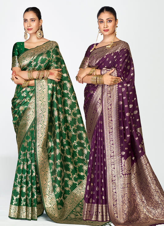 Designer Party Wear Banarasi Silk Saree Combo Set with Premium Zari Weaves