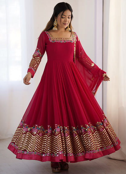 Georgette Maroon Wedding Wear Embroidery Work Readymade Anarkali Suit 386819