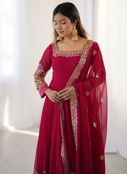 Georgette Maroon Wedding Wear Embroidery Work Readymade Anarkali Suit 386819