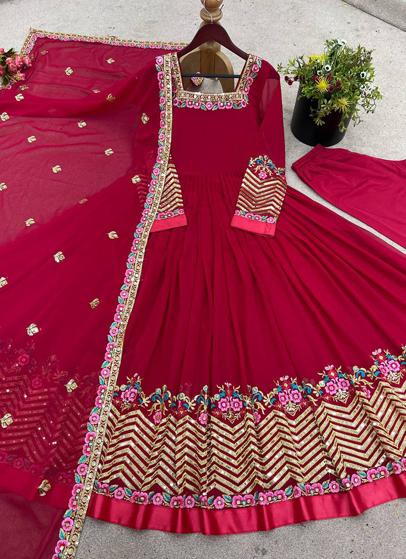 Georgette Maroon Wedding Wear Embroidery Work Readymade Anarkali Suit 386819