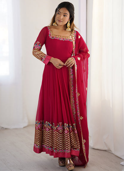 Georgette Maroon Wedding Wear Embroidery Work Readymade Anarkali Suit 386819