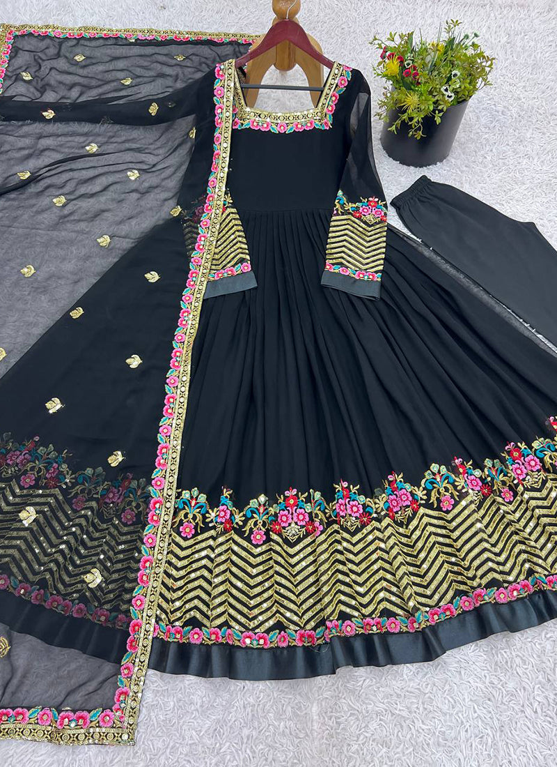 Georgette Black Wedding Wear Embroidery Work Readymade Anarkali Suit 386820