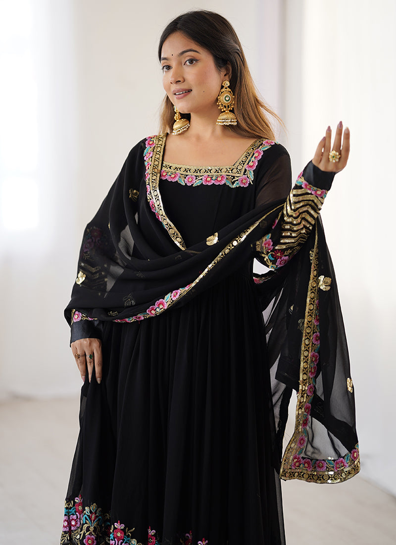 Georgette Black Wedding Wear Embroidery Work Readymade Anarkali Suit 386820