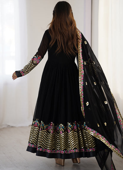 Georgette Black Wedding Wear Embroidery Work Readymade Anarkali Suit 386820