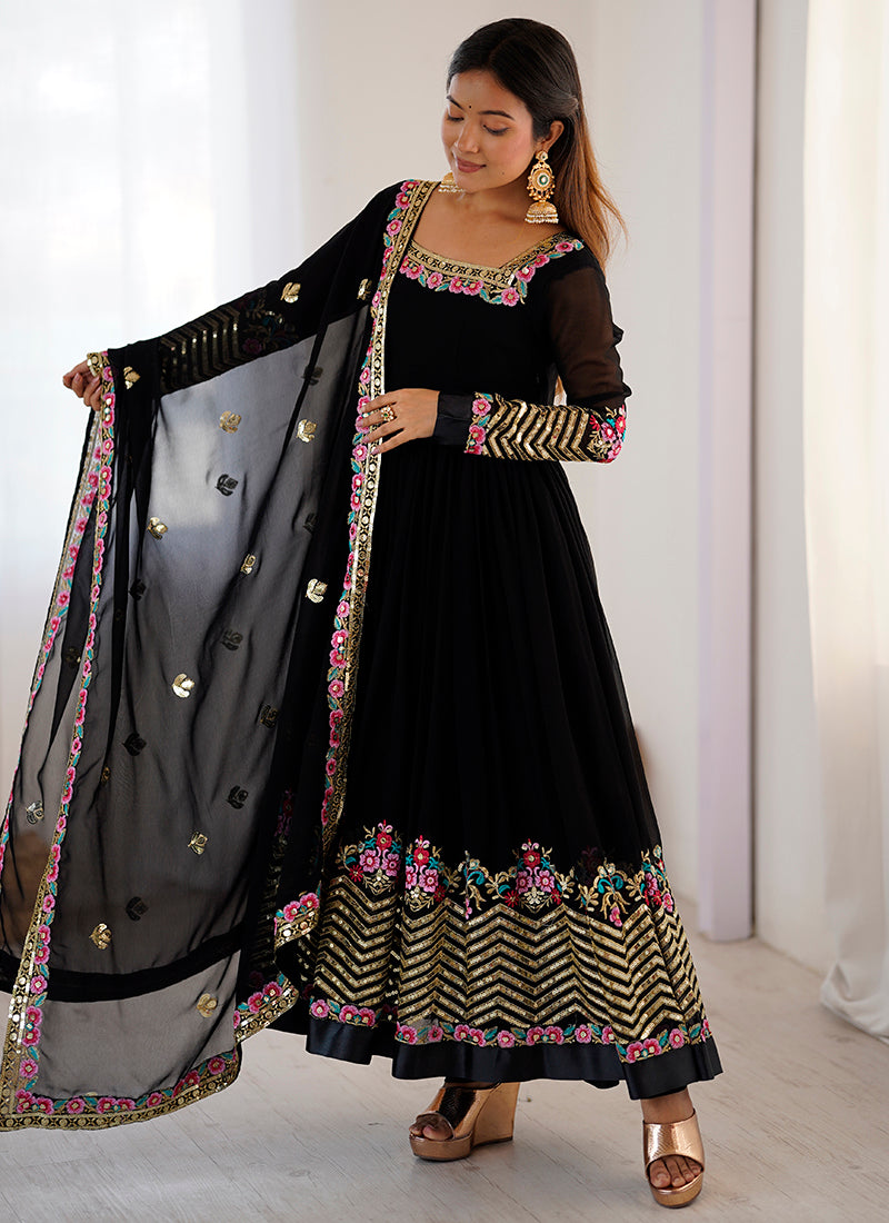 Georgette Black Wedding Wear Embroidery Work Readymade Anarkali Suit 386820