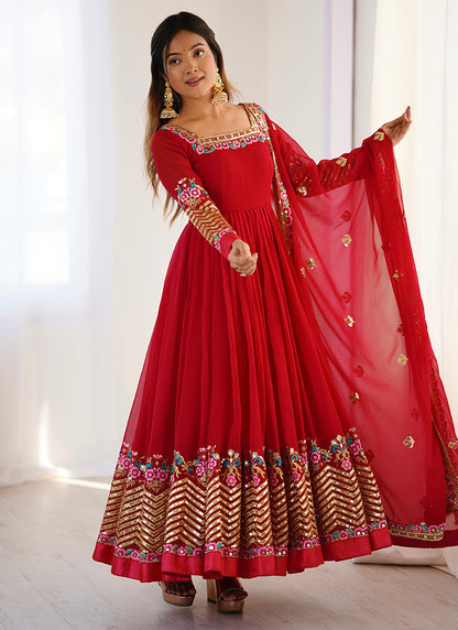 Georgette Red Wedding Wear Embroidery Work Readymade Anarkali Suit 386821
