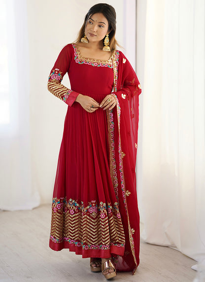 Georgette Red Wedding Wear Embroidery Work Readymade Anarkali Suit 386821
