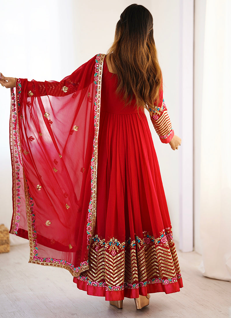 Georgette Red Wedding Wear Embroidery Work Readymade Anarkali Suit 386821