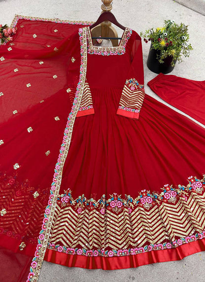 Georgette Red Wedding Wear Embroidery Work Readymade Anarkali Suit 386821