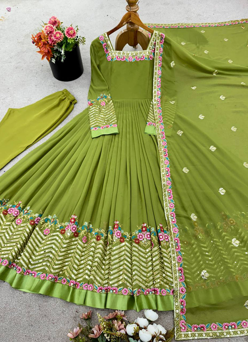 Georgette Green Wedding Wear Embroidery Work Readymade Anarkali Suit 386822