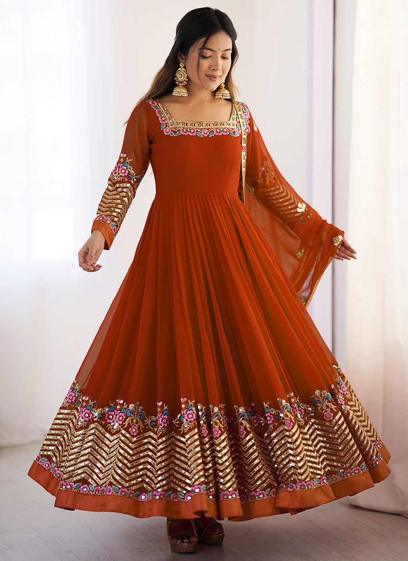 Georgette Orange Wedding Wear Embroidery Work Readymade Anarkali Suit 386823