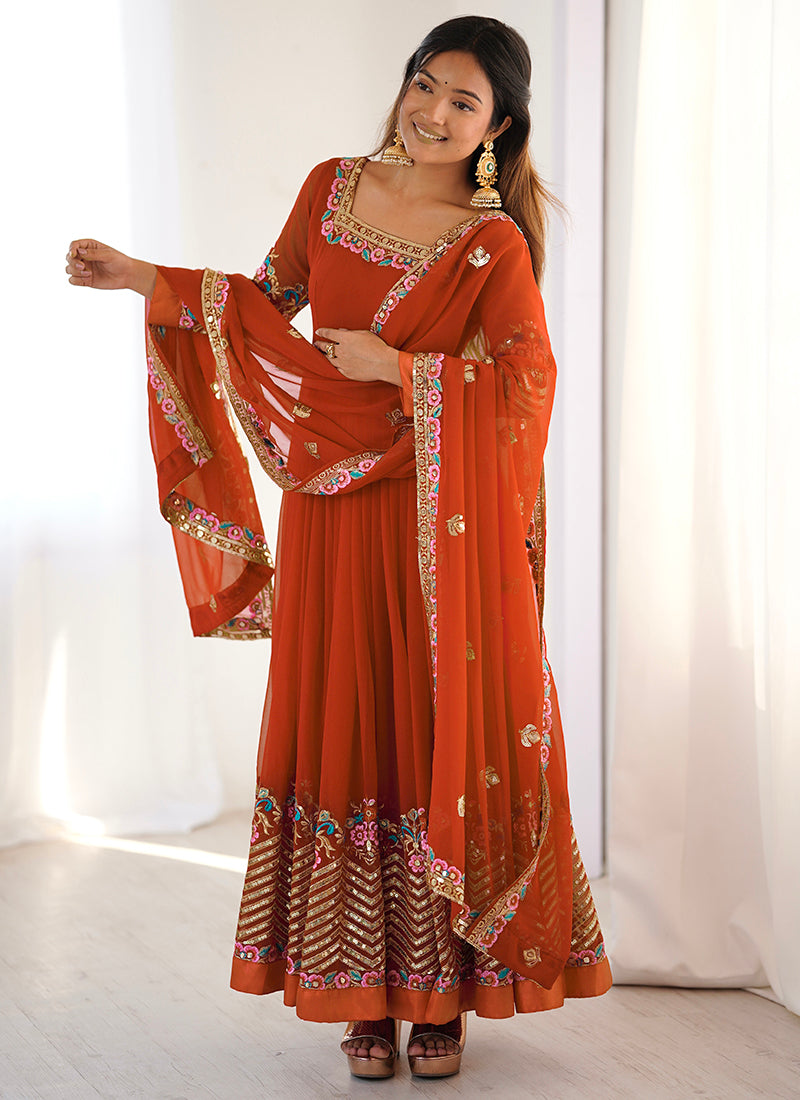 Georgette Orange Wedding Wear Embroidery Work Readymade Anarkali Suit 386823