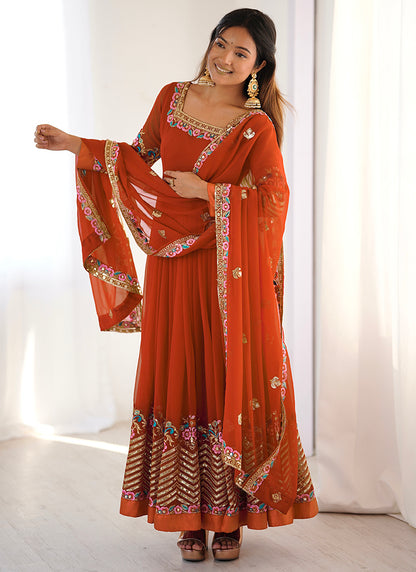 Georgette Orange Wedding Wear Embroidery Work Readymade Anarkali Suit 386823