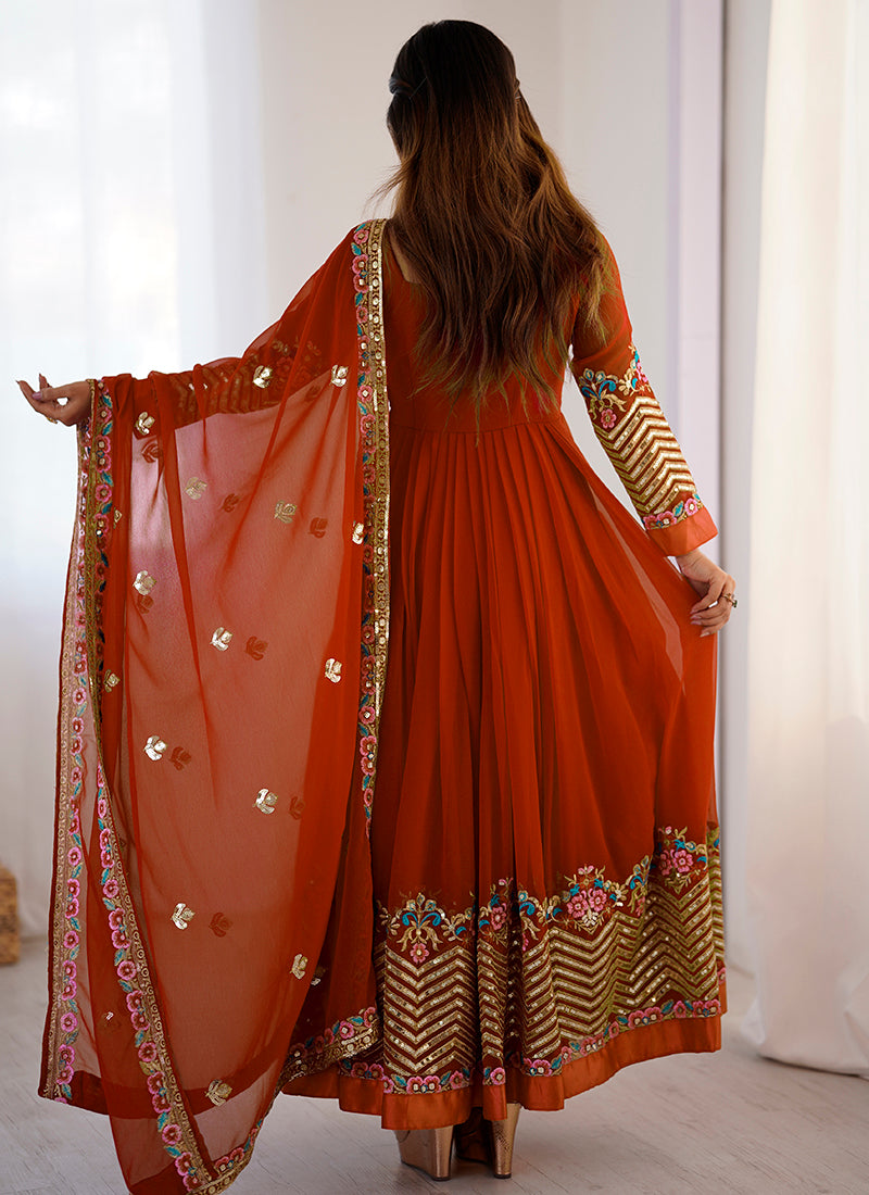 Georgette Orange Wedding Wear Embroidery Work Readymade Anarkali Suit 386823