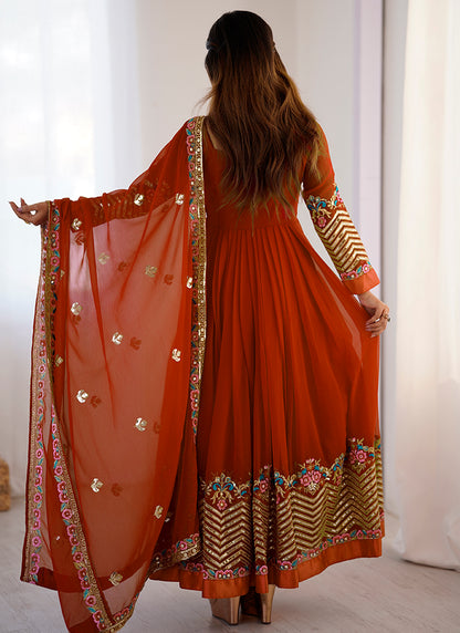 Georgette Orange Wedding Wear Embroidery Work Readymade Anarkali Suit 386823