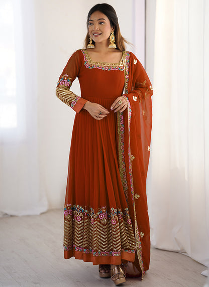 Georgette Orange Wedding Wear Embroidery Work Readymade Anarkali Suit 386823