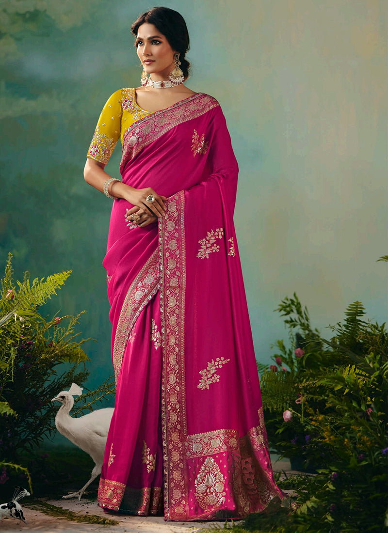 Viscose Silk Hot Pink Festival Wear Embroidery Work Saree 385542