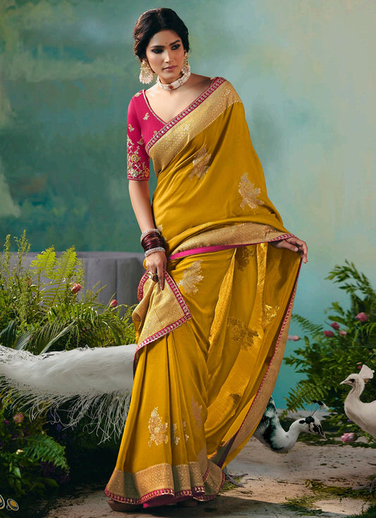 Viscose Silk Mustard Festival Wear Embroidery Work Saree 385544