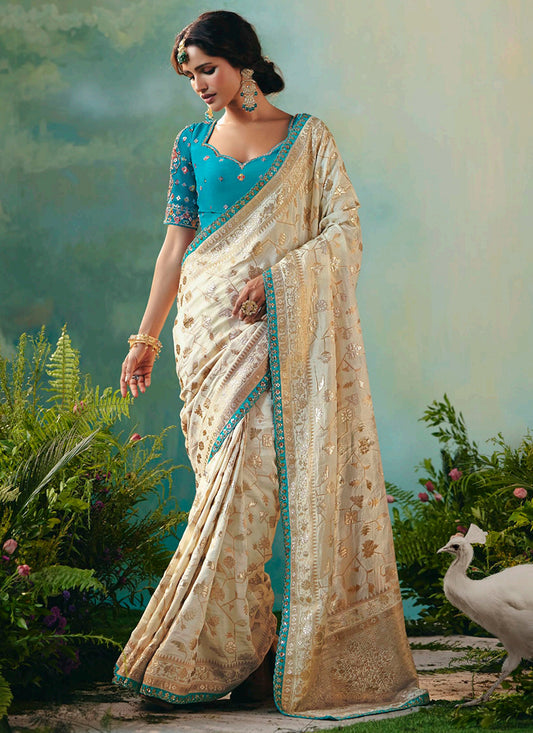 Viscose Silk Cream Festival Wear Embroidery Work Saree 385545