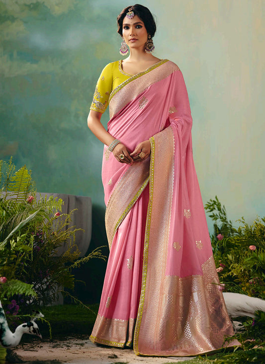 Viscose Silk Baby Pink Festival Wear Embroidery Work Saree 385548