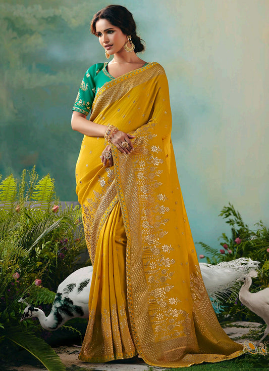 Viscose Silk Mustard Festival Wear Embroidery Work Saree 385549
