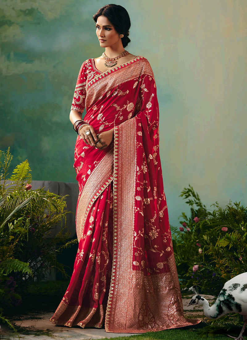 Viscose Silk Red Festival Wear Embroidery Work Saree 385551