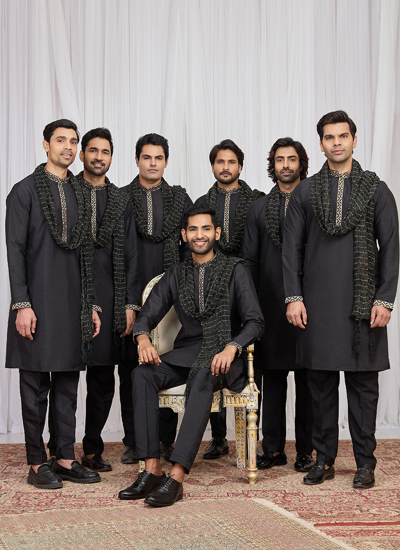 Black Art Silk Patten Pcs Occasional Wear Readymade Kurta Pajama With Stole SW193050