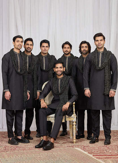Black Art Silk Patten Pcs Occasional Wear Readymade Kurta Pajama With Stole SW193050