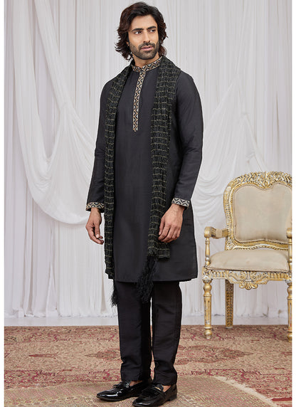 Black Art Silk Patten Pcs Occasional Wear Readymade Kurta Pajama With Stole SW193050