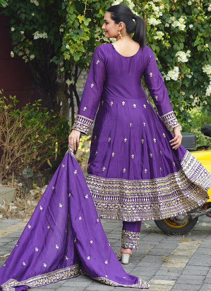 Chinon Violet Festival Wear Sequin Embroidery Work Readymade Anarkali Suit 386385