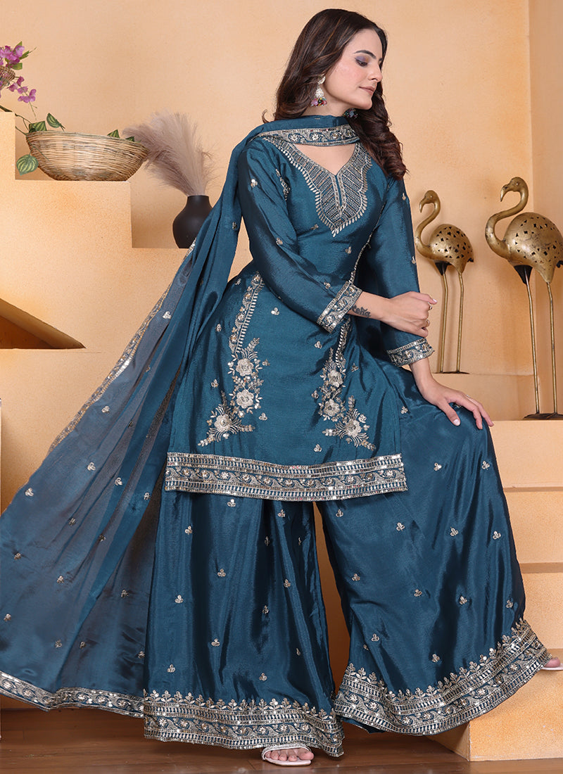 Chinon Teal Blue Wedding Wear Embroidery Work Readymade Plazzo Suit 387668