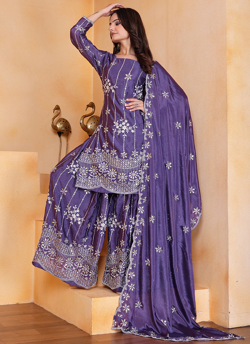 Chinon Purple Wedding Wear Embroidery Work Readymade Plazzo Suit 387669
