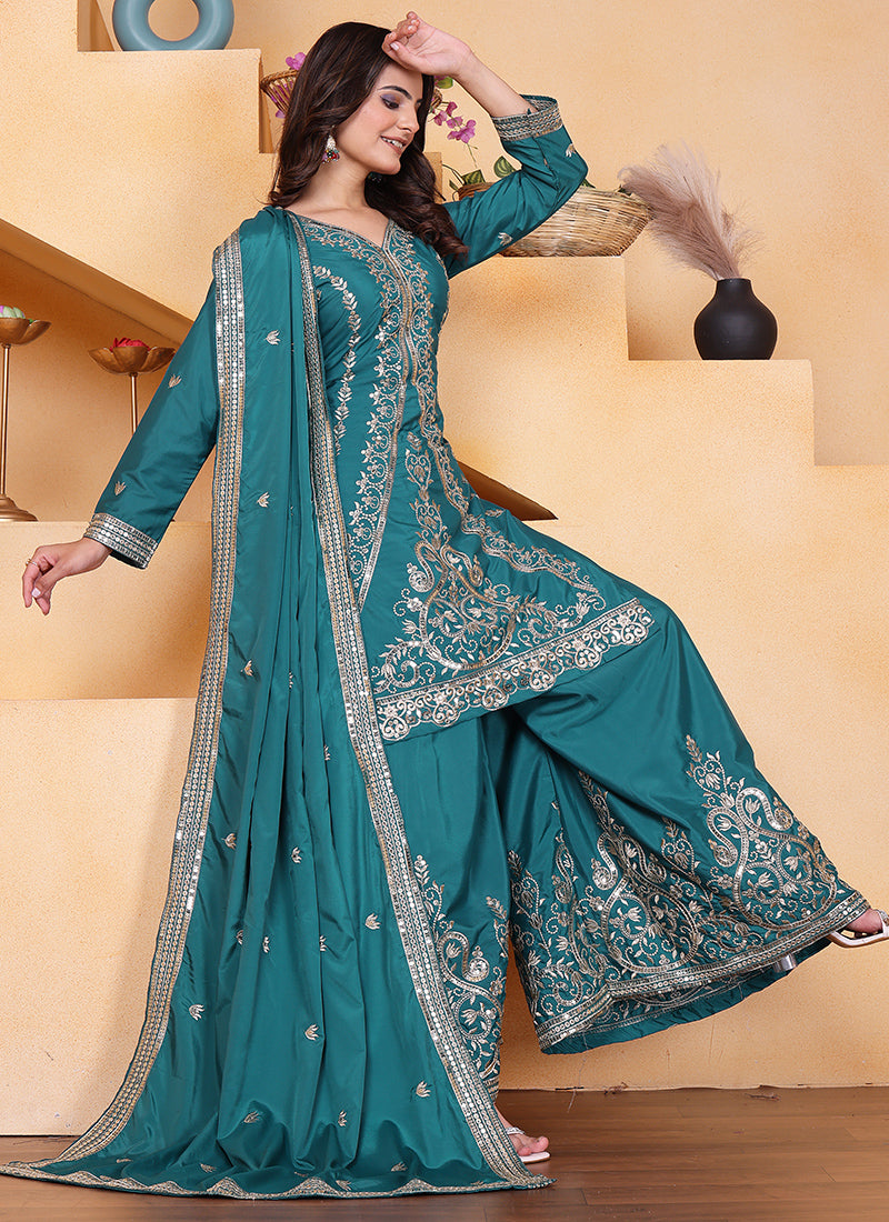 Crepe Teal Green Wedding Wear Embroidery Work Readymade Plazzo Suit 387670