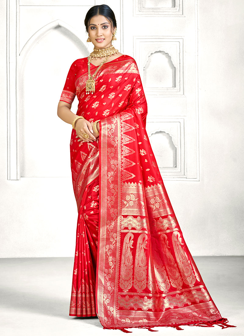 Red Banarasi Silk Zari Weaving Work Festival Wear Saree SW465779