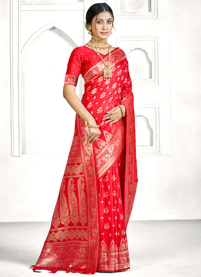 Red Banarasi Silk Zari Weaving Work Festival Wear Saree SW465779