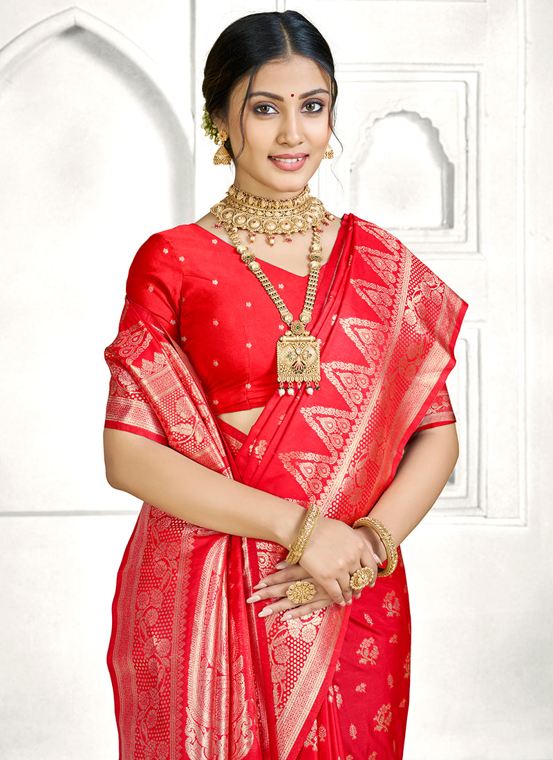 Red Banarasi Silk Zari Weaving Work Festival Wear Saree SW465779
