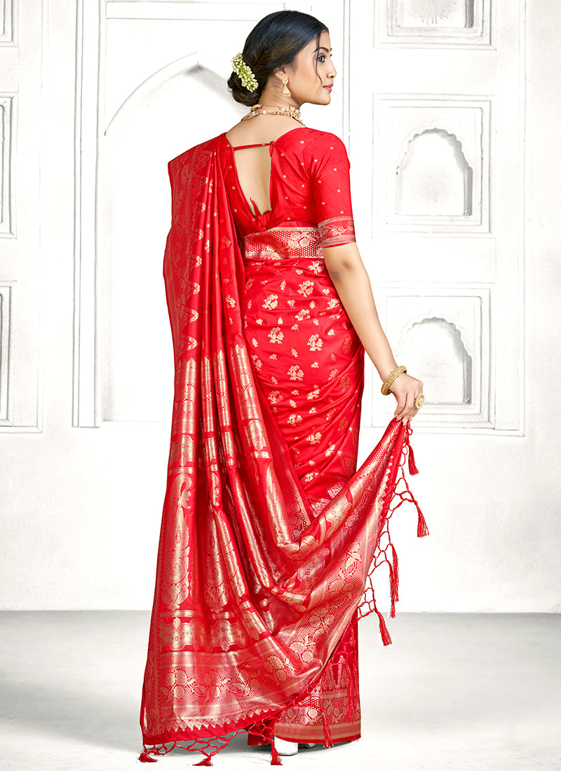 Red Banarasi Silk Zari Weaving Work Festival Wear Saree SW465779