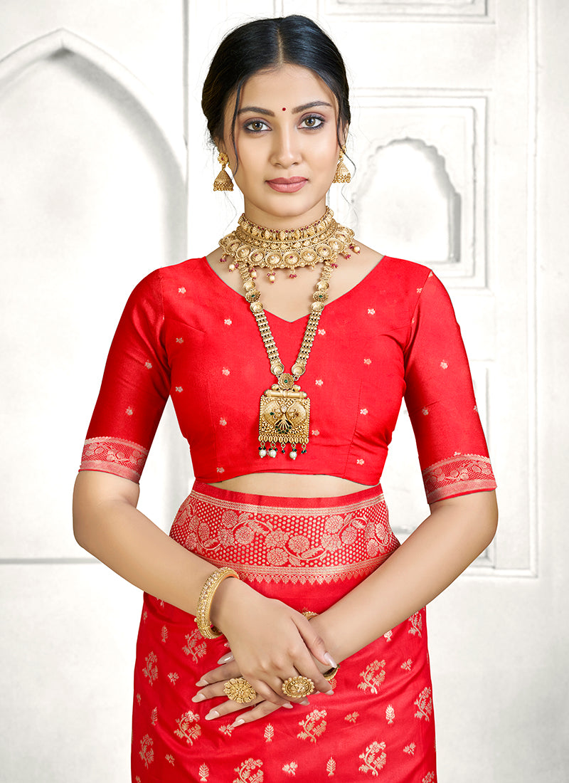 Red Banarasi Silk Zari Weaving Work Festival Wear Saree SW434309