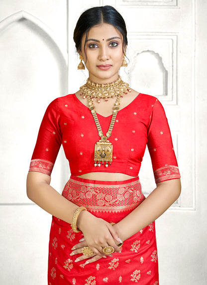 Red Banarasi Silk Zari Weaving Work Festival Wear Saree SW434309