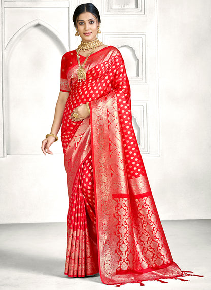 Red Banarasi Silk Zari Weaving Work Festival Wear Saree SW434309