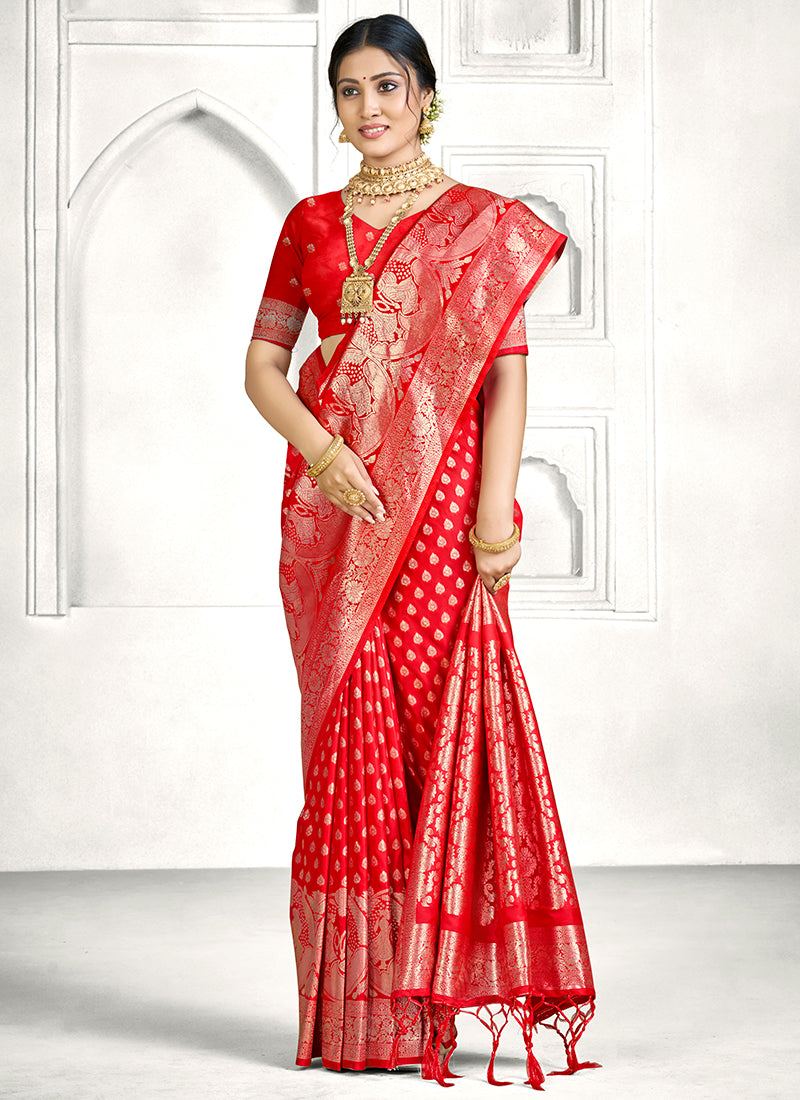 Red Banarasi Silk Zari Weaving Work Festival Wear Saree SW434309