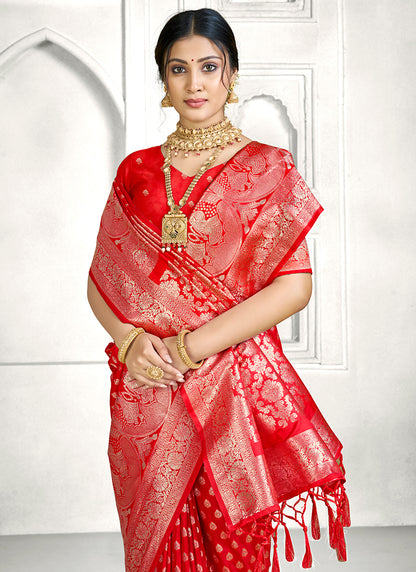 Red Banarasi Silk Zari Weaving Work Festival Wear Saree SW434309