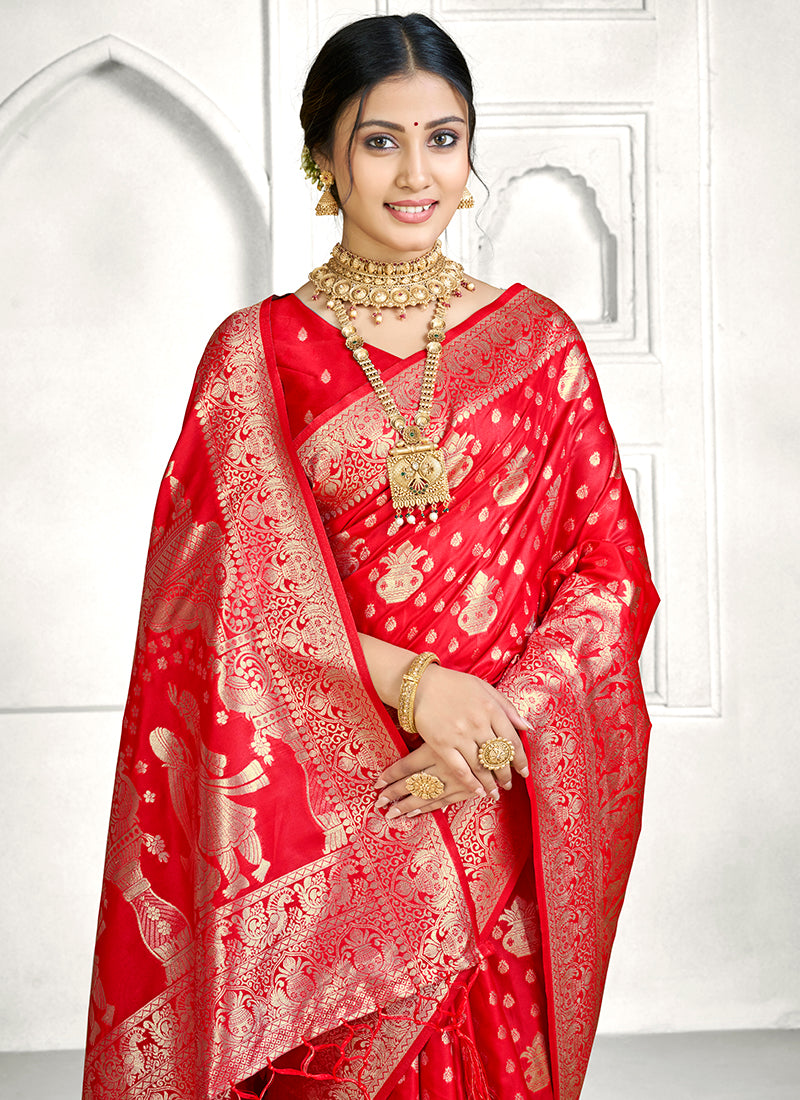 Red Banarasi Silk Zari Weaving Work Festival Wear Saree SW216735