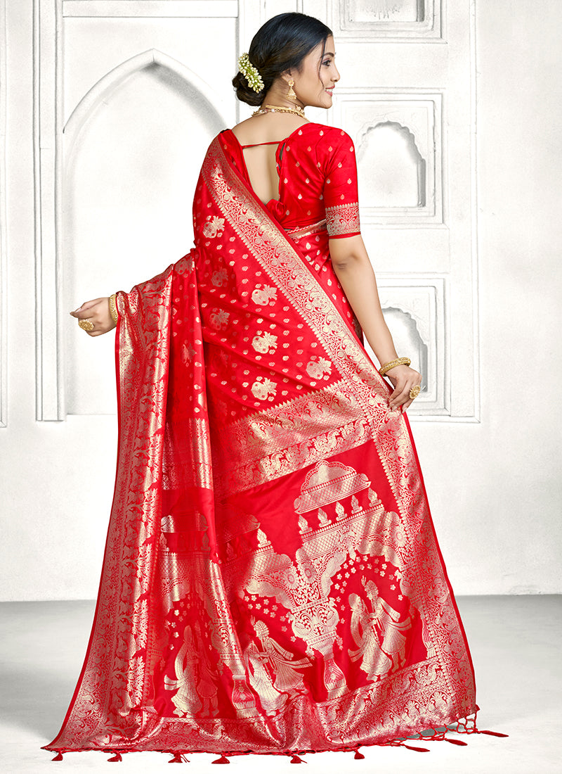 Red Banarasi Silk Zari Weaving Work Festival Wear Saree SW216735