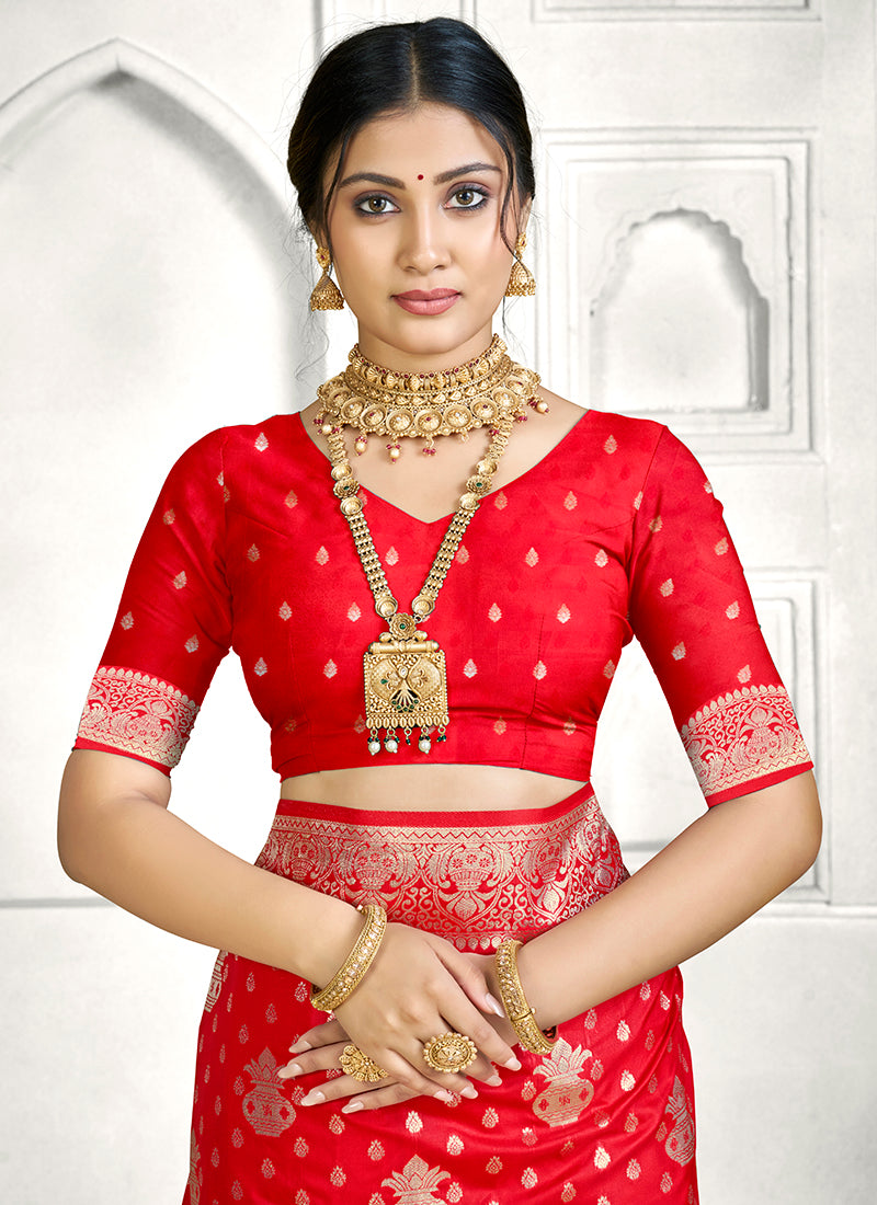 Red Banarasi Silk Zari Weaving Work Festival Wear Saree SW216735