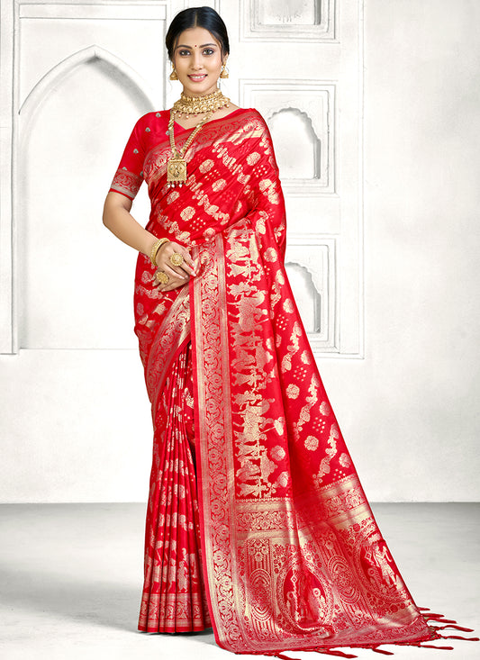 Red Banarasi Silk Zari Weaving Work Festival Wear Saree SW216735